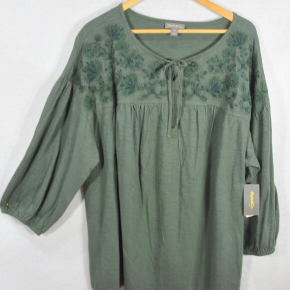 Style & Co Women’s Blouse 2X Peasant Embroidered Fall Green Tie Neck Top - Picture 1 of 12